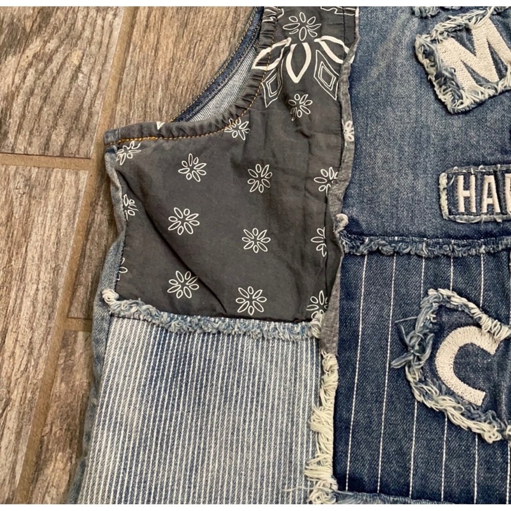Harley-Davidson Distressed Patchwork Denim Vest Studded Biker Moto Blue Cotton M - Picture 8 of 12